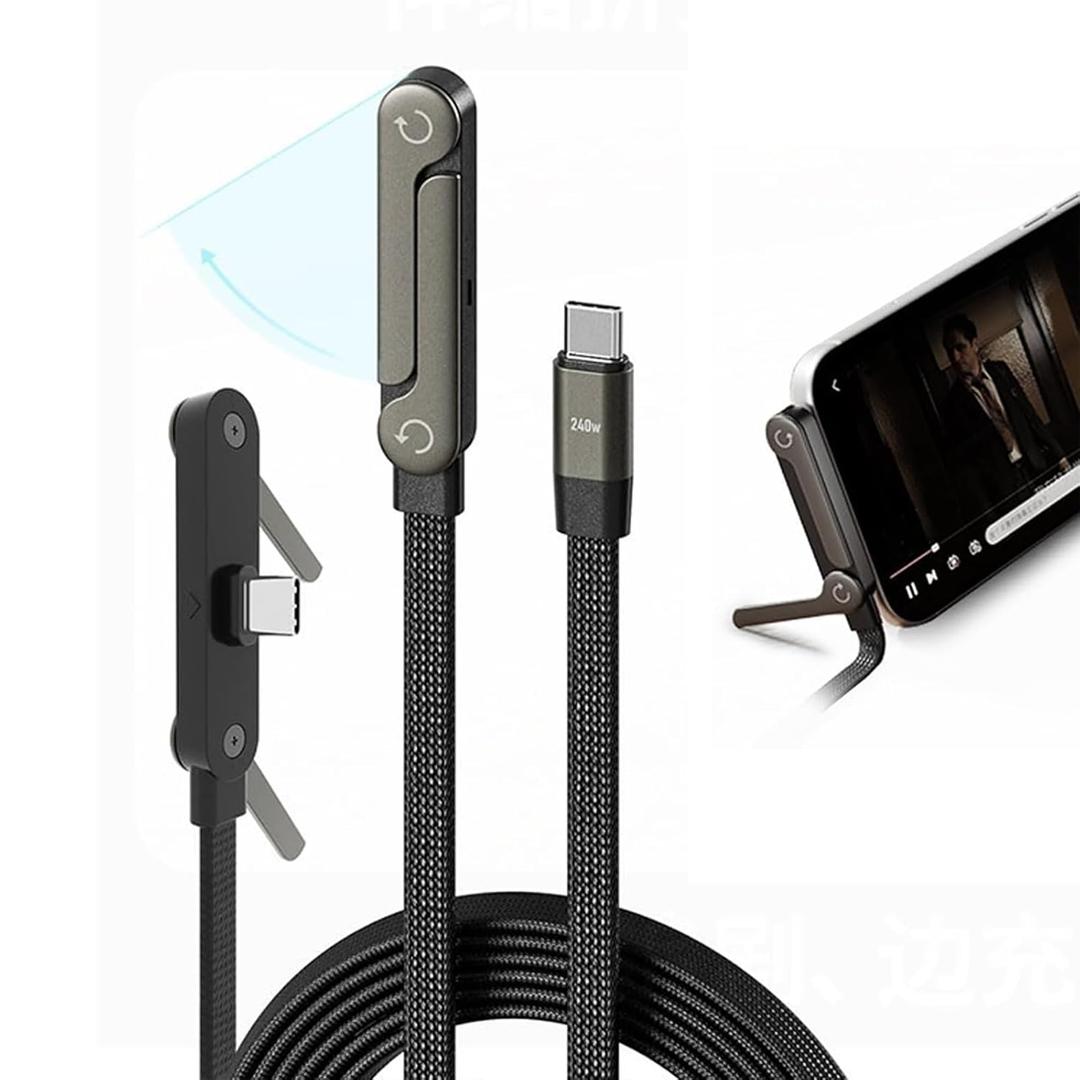 Sideways Phone Charger, 240W Fast Charging Cable, 2-in-1 Invisible Holder Charger Cable with Built-in Phone Stand for Smartphones Tablets (1Pc,C-C)
