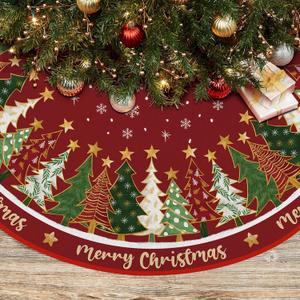 Merry Christmas Tree Skirt 48 Inches, Red Backgrond with Trees Pencil Tree Skirt, Winter Xmas Tree Mat for Home Party Holiday Decorations