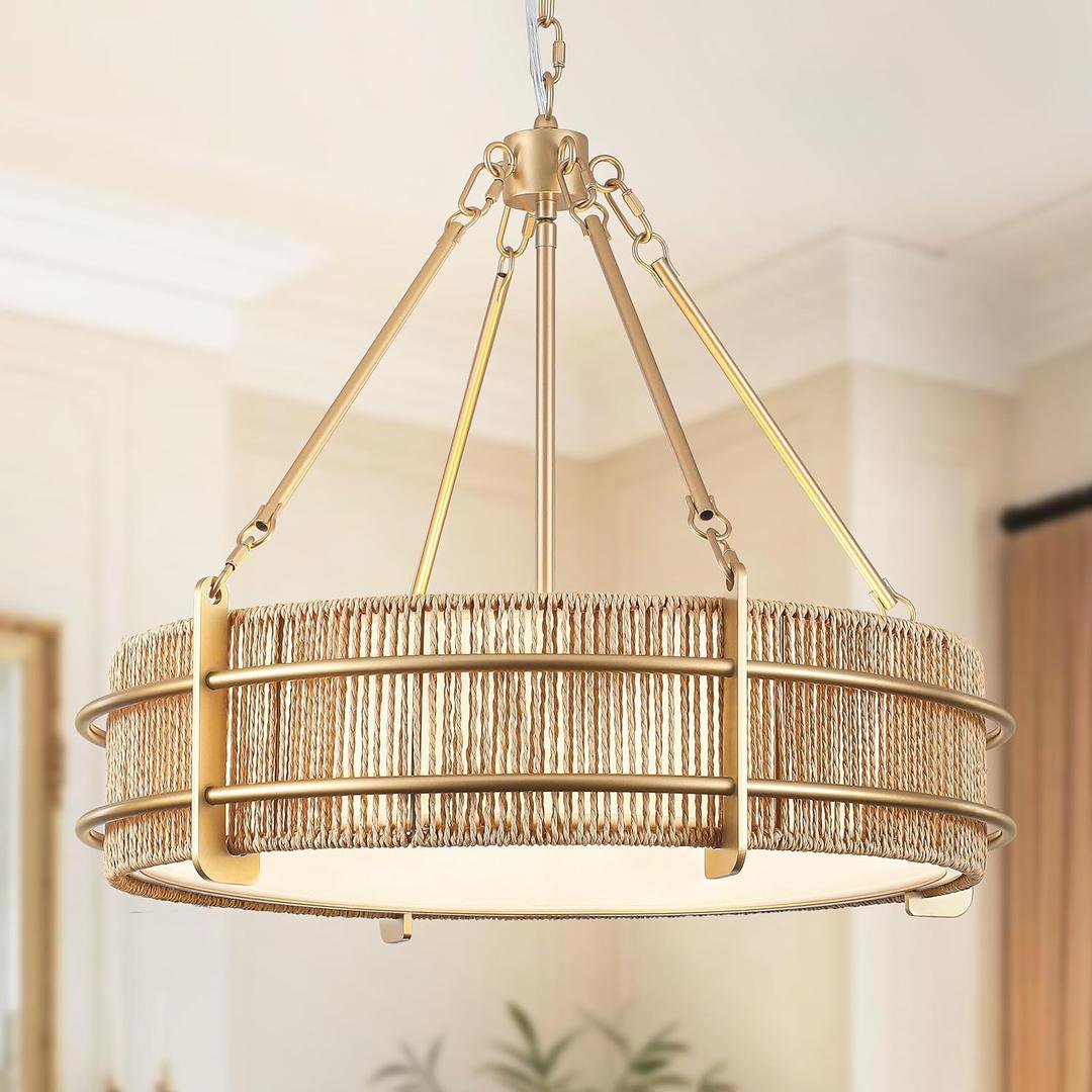 21.5'' Boho Rattan Chandelier 5-Light Boho Light Fixture for Dining Room