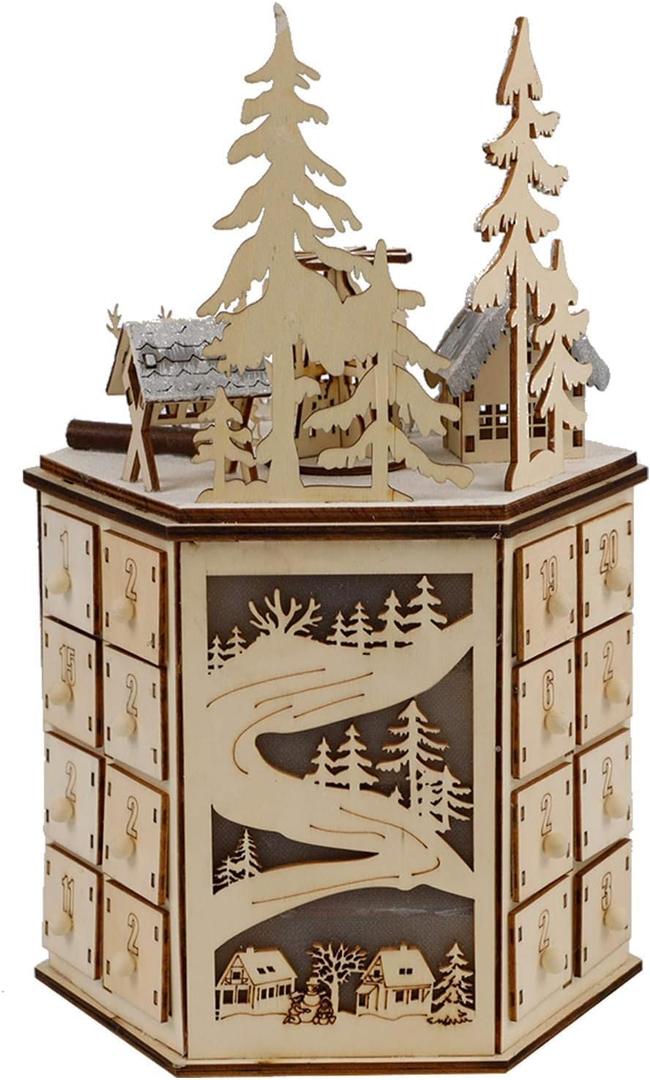 MorTime LED Revolving Music Box Advent Calendar Decorated with Christmas Tree Reindeer House LED Lights, Lighted Wooden Carved 24 Day Countdown to Christmas Calendar