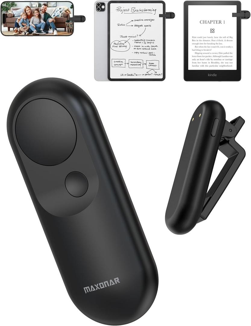 Maxonar Magsnap Remote Page Turner for Kindle Paperwhite/Oasis & Kobo, Never Lose Parts, 100-Hour Battery, RF Connection, 2-in-1 Page Clicker Works with Tablet/iPad, Ideal Gift for Book Lovers (Black)