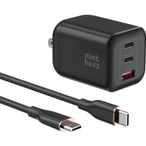 Minthouz 67W GaN Charger, 3-Port Fast Charging Power Adapter with Type-C & USB-A, for iPhone 17/16/15, iPad Pro, MacBook Air/Pro, Galaxy S25/S24, Google Pixel, Compact Travel Charger with 3.9FT Cable