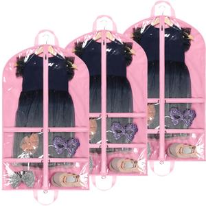 Kids Garment Bags for Dance Costumes, 40" Dance Garment Bags for Dancers with 4 Clear Zipper Pockets, Foldable Dance Competition Garment Bags for Hanging Clothes, 3 Pack, Pink