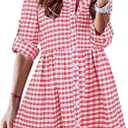 FANCYINN Women's Gingham Stand Collar Shirt Dress Button Down Casual Long Sleeve Tie Sleeves Mini Plaid Shirt Dresses, Size XL
