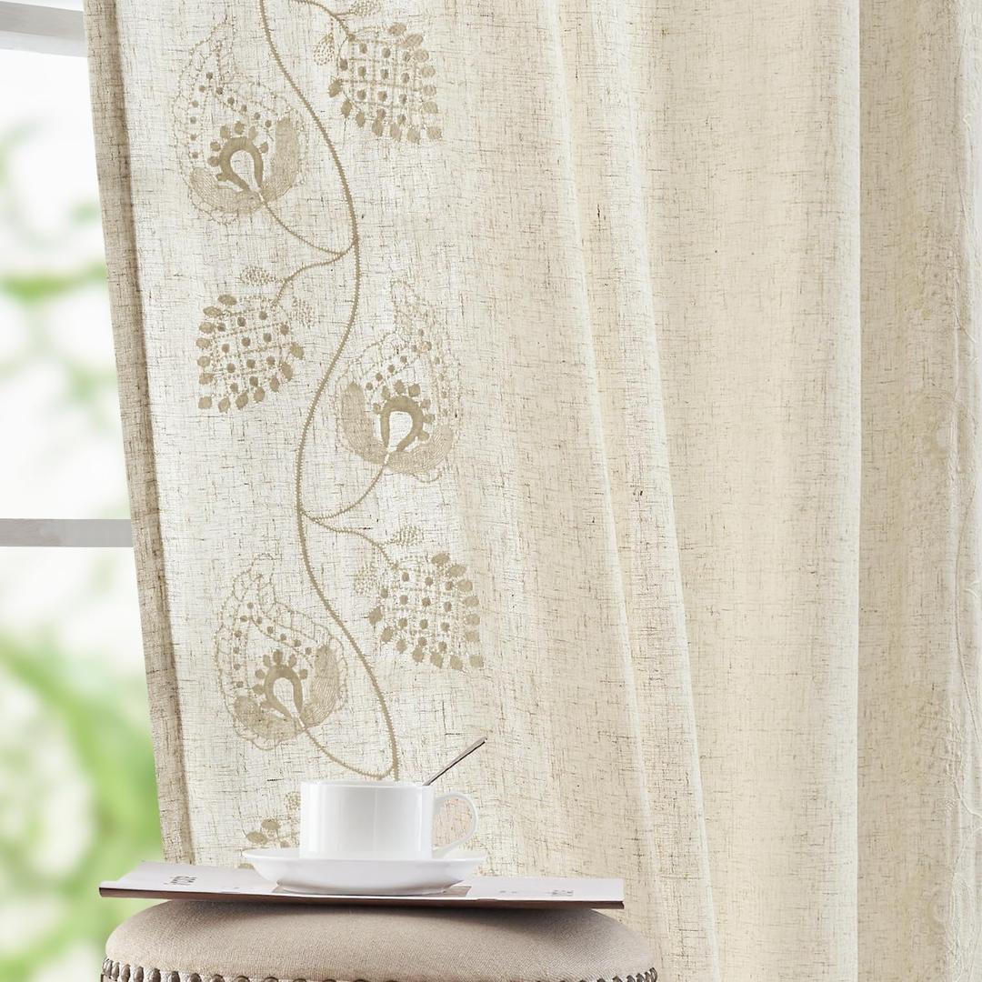jinchan Linen Paisley Curtains 96 Inch Long for Bedroom Living Room, Embroidered French Country Farmhouse Drapes Back Tab, Light Filtering Cottagecore Boho Window Curtains, Ivory on Ecru, 2 Panels