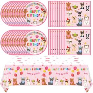 41PCS Pink Dog Birthday Party Decorations Set Puppy Party Supplies Including Dog Girl Party Plates Napkins Tablecloth Serves 20 Guests for Dog Birthday Parties Decorations