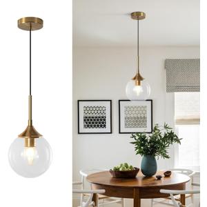 KCO Lighting Clear Globe Pendant Lights Kitchen Island Bubble Glass Pendant Lighting Gold Hanging Light Fixture Mid Century Modern Hanging Lamp for Living Room Dining Room