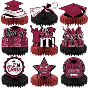 Yisong 9 Pieces 2025 Graduation Party Table Decorations Class of 2025 Congrats Graduation Centerpieces for Tables Congratulate Honeycomb Centerpiece Topper for Grad Party Supplies(Maroon)