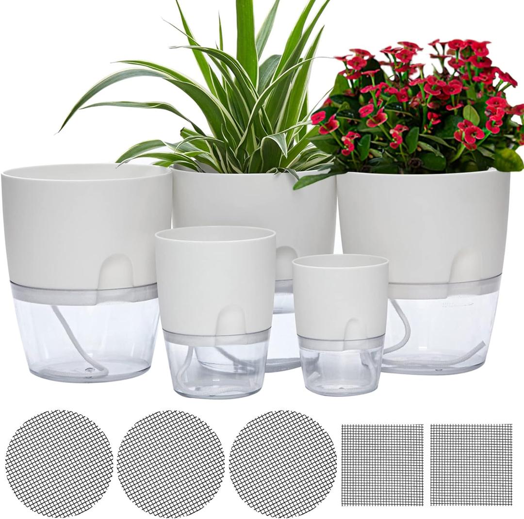 Self Watering Pots for Indoor Plants, Pack of 5 6/4.1/3.2 Inch Flower Pot Modern Decorative Plastic Planter with Extra Large Water Storage for All House Plants, Flowers, Herbs(White)