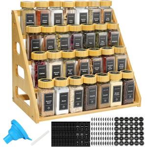 4 Tier Bamboo Spice Rack Organizer with 28 Spice Jars, 780 Labels, Wood Shelf, Chalk Marker and Funnel Set for Cabinet Kitchen Countertop, Empty 4 oz Glass Jars