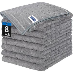HOMERHYME Kitchen Towels, 8 Pack Microfiber Cleaning Cloth, 25'' x 15'' Dish Towels, 270 GSM Checkered All-Purpose Reusable Lint Free & Absorbent Hand Towels for Kitchen Home Tea Bar Shop (Grey)