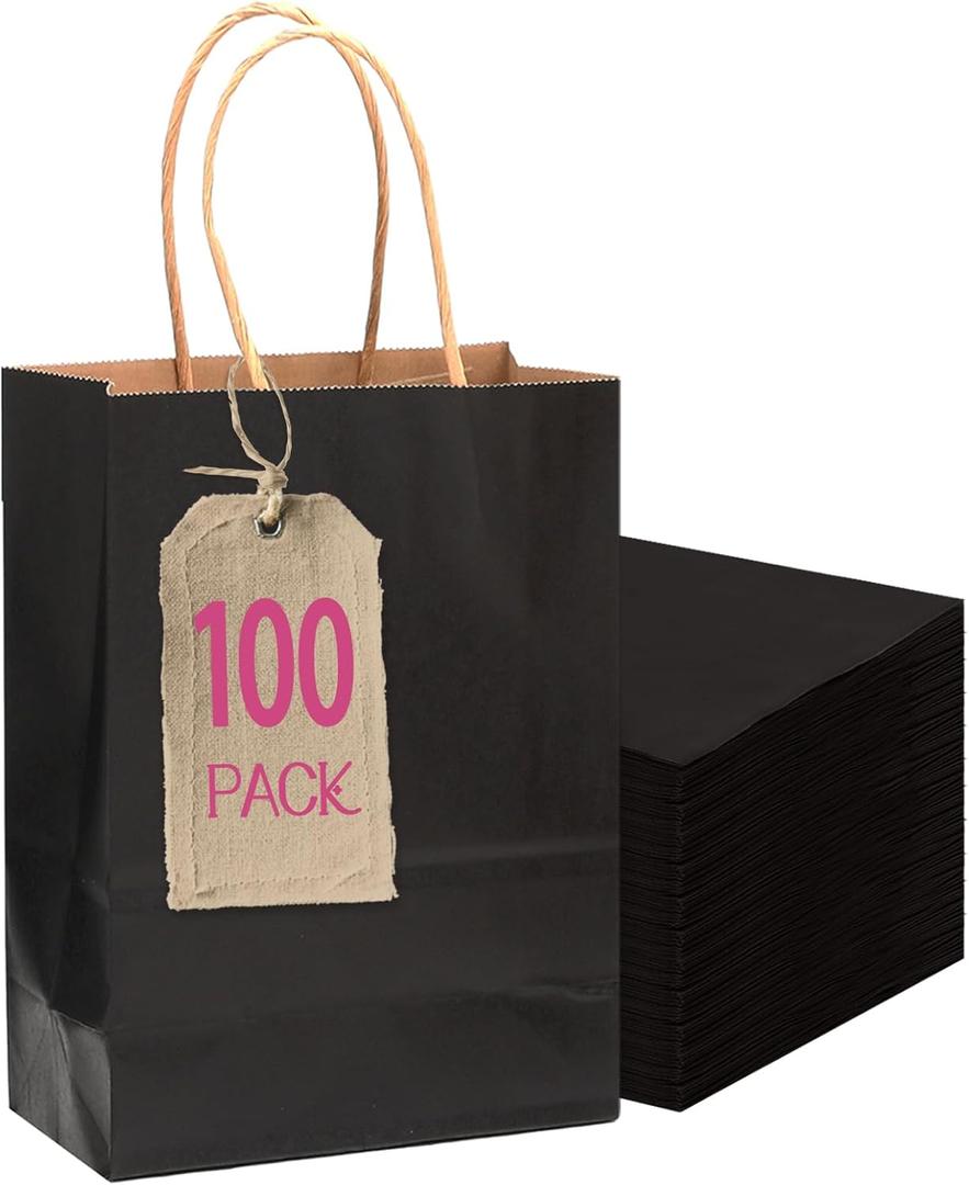 qiqee 100-Packs Black Paper Gift Bags with Handles Bulk 4.5"2.5"6" Mini Size Gift Bags Multiple Uses