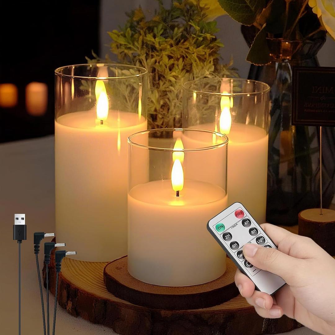 3-Pack Rechargeable Flameless Candles with Remote Control and Timer Function, 3D Realistic Flickering Flames, USB Battery Powered for Christmas Home Decoration Wedding Party Holiday