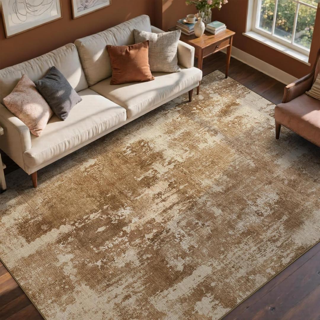 6x9 Ft Large Area Rugs for Living Room, Soft Non-Slip Washable Rugs Modern Abstract Pattern Carpet for Bedroom Indoor Floor Nursery Home Decor (Brown)