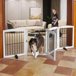 ZJSF Foldable Indoor Dog Door with Walk Through Door, Freestanding Pet Door for The House,Doorways, Stairs, Pet Puppy Safety Fence with Support Feet, White 4 Panels 80" Wide 24''Height