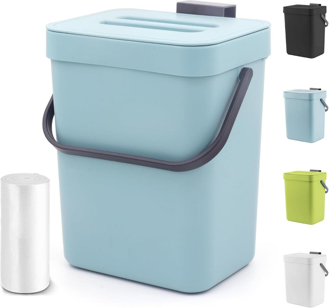 1.3 Gallon Small Trash Can with Lid - Countertop Food Waste Bin, Kitchen Hanging Trash Can for Cabinet Door/Under Sink, Small Garbage Can for Desk, 5L(Subtle Blue)