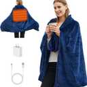 Portable Cordless Heated Blanket for Stadium, Rechargeable USB Heated Throw Blanket for Outdoor, 3 Heat Settings Electric Heated Blanket for Office, Camping, 58x 38 (Battery Pack Not Included) (Navy Blue)