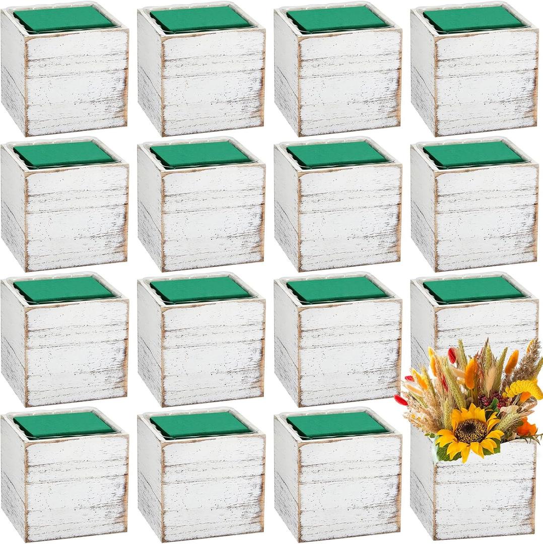 Dandat 18 Sets 4 Inch Wooden Cube Planter Boxes for Centerpiece Flower White Wood Rustic Square Vase with Removable Plastic Liner Floral Foam Block for Garden Wedding Home Arrangement Decor