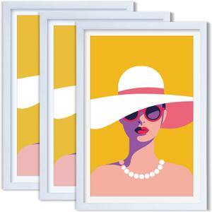 12x18 Poster Frame 3 Pack, Made of Solid Wood with Plexiglass, Display Pictures 11x17 with Mat or 12x18 Without Mat for Wall Mounting Display, Photo Frames Collage for Wall Decor, White