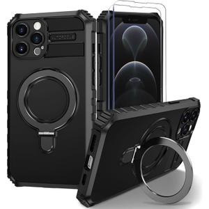 for iPhone 12 Pro Max Magnetic Case [Compatible with MagSafe] with 2 Tempered Glass Screen Protectors with Ring Kickstand,Military Grade Heavy Duty for iPhone 12 Pro Max Case 6.7'' Black