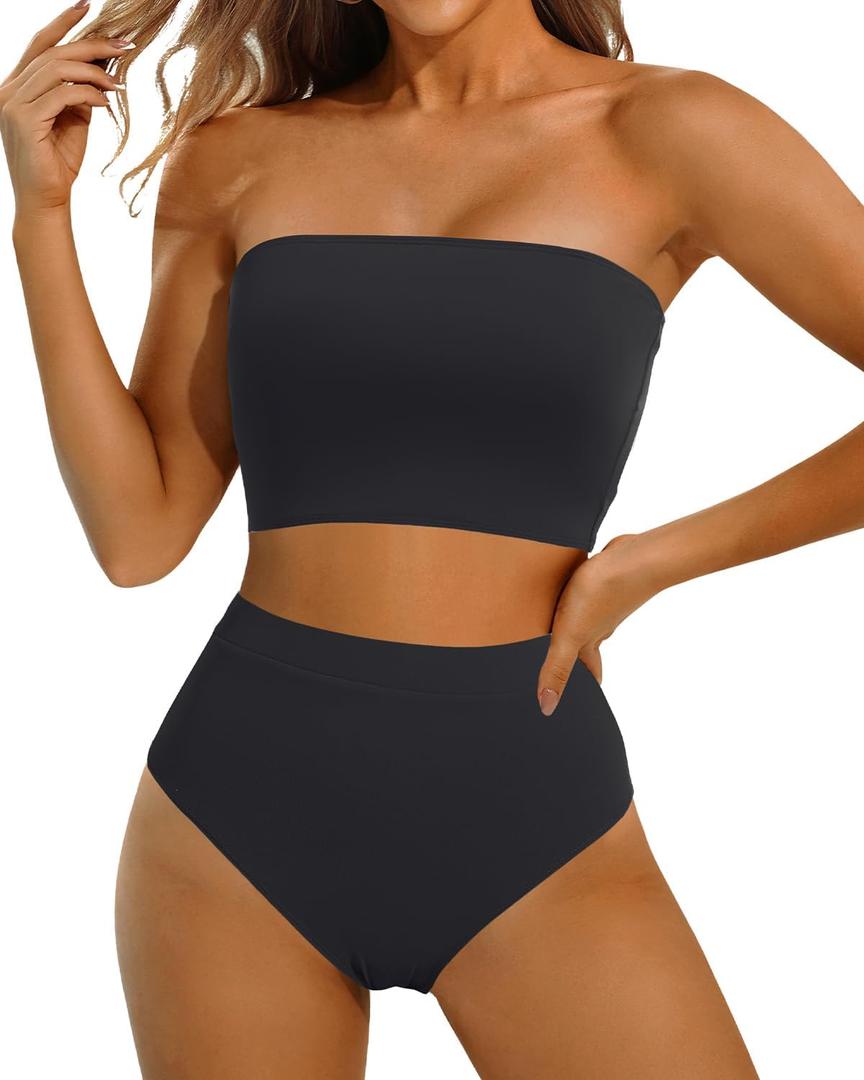 Yonique Bandeau Bikini Strapless Swimsuit - Two Piece High Waisted Bathing Suits (Large, Pure Black)