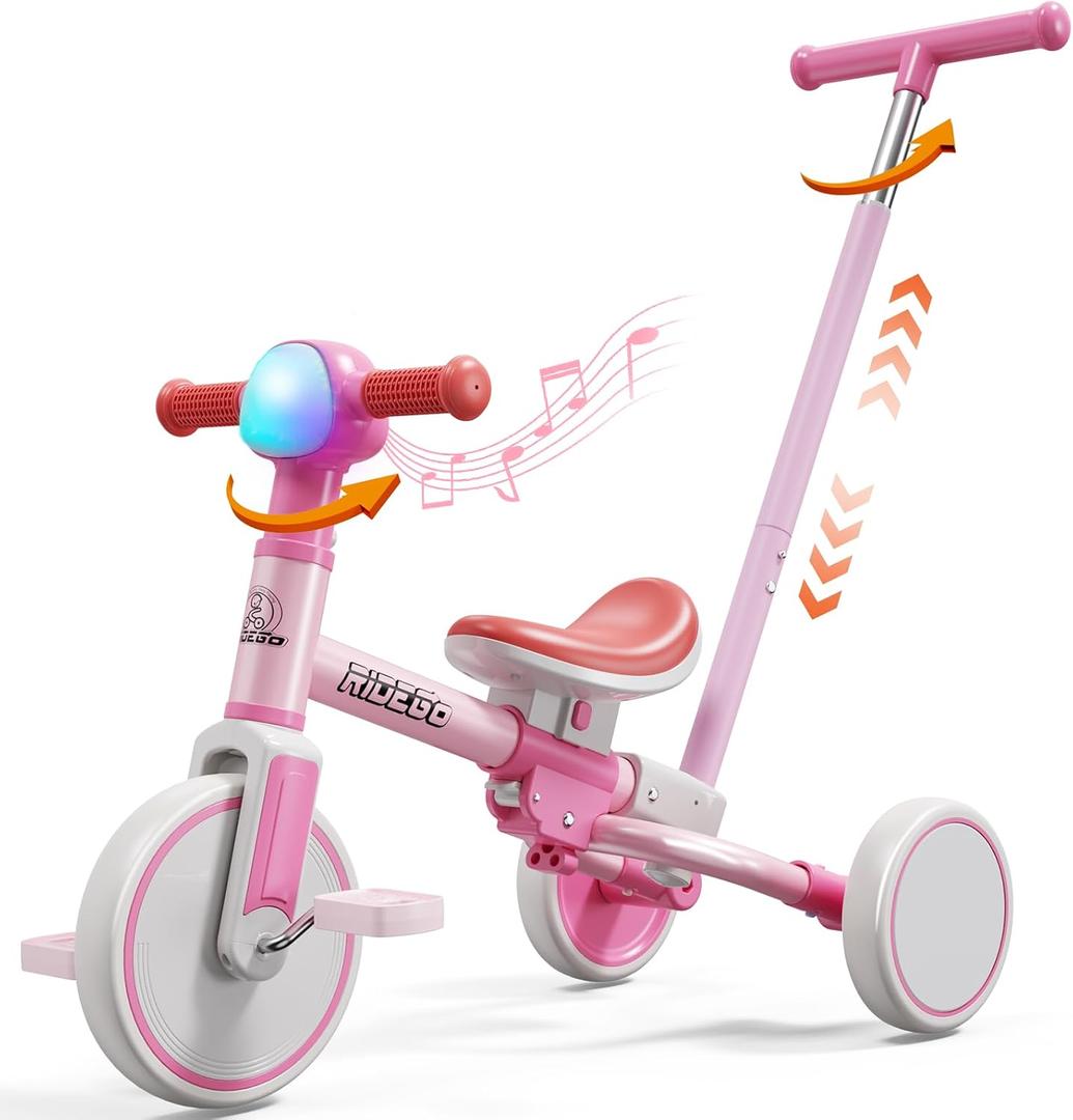 Ridego 5-in-1 Tricycle for Toddlers 2-5 Year Olds, Kids Balance Bike & Toddler Push Bike with Parent Handle, RGB Music Light, Tool-Free Assembly Birthday Gift for Boys Girls (Pink)