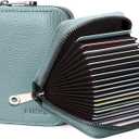 Linno RFID 20 Slots Credit Card Holder Genuine Leather Small Wallet for Women or Men with Zipper (Blue)