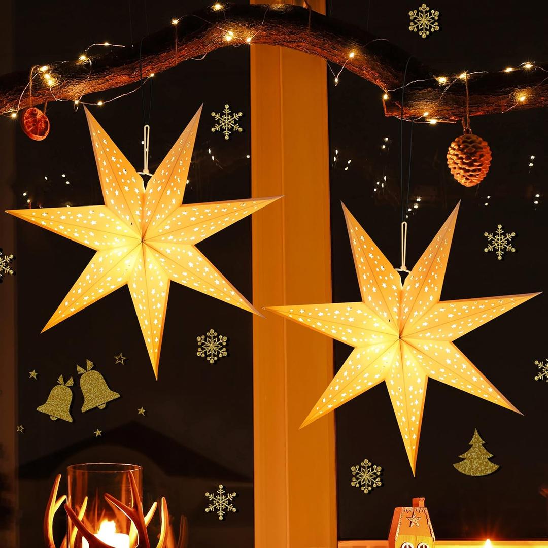 Enhon 2 Pack 20 Inch Paper Star Lanterns, Star Paper Light Christmas Decor, 7 Points Warm White LED Star Light with Plug, Collapsible Hanging Star Decor for Christmas Window Wall Room Yard
