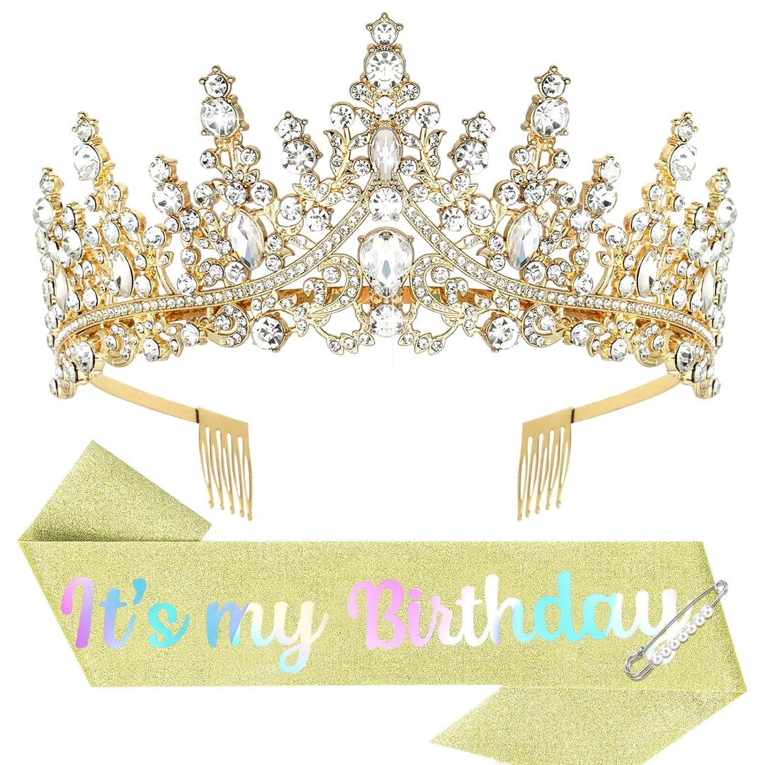 Birthday Crown & Glitter Sash for Women - Princess Tiara & Headband for Parties & Decorations