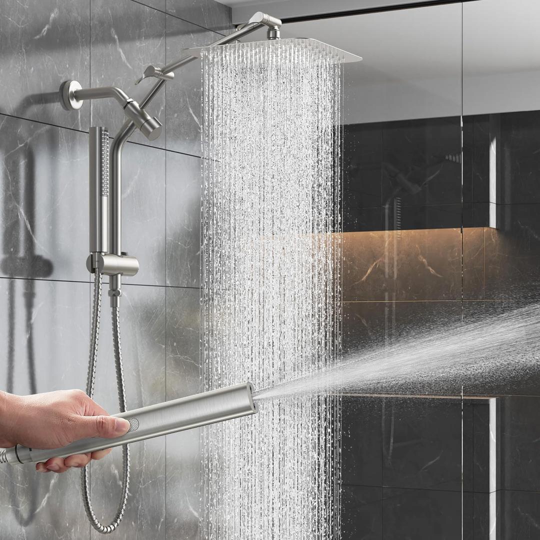 Veken 10" Luxurious Brushed Nickel All Metal Rain Shower Head with Handheld Spray Combo, High Pressure Rainfall Square Shower Heads with Extension Arm, Wide Dual Showerhead, Bathroom Accessories