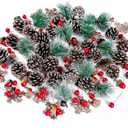 Sggvecsy 120 Pcs Artificial Pine Cones Pine Needles Artificial Red Holly Berries Natural Wooden Snowflake Christmas Wreath Accessories for DIY Christmas Garland Wreath Holiday Decoration