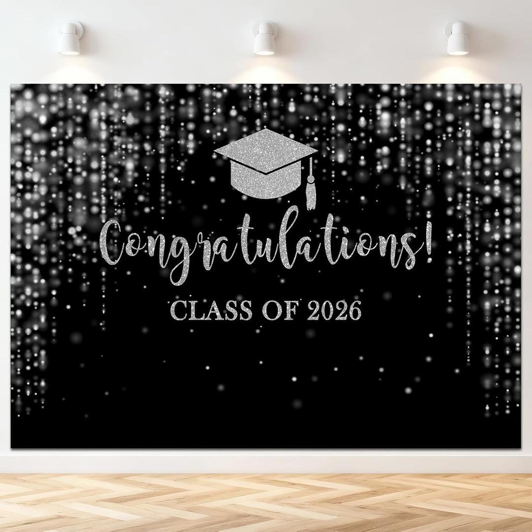 Mocsicka Class of 2026 Backdrop Black Silver Glitter Bokeh Graduation Party Background 2026 Congrats Grad Prom Party Cake Table Decoration Photo Booth Props (8x6ft)