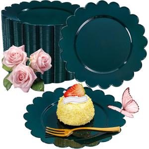 LIYH 200 Pcs Dark Green Dessert Plates - Disposable Cake Plates with Gold Forks, Gold Dessert Forks 5", Plastic Cake Plate 7.5" for Holiday Party (200Pcs(100 Guests))