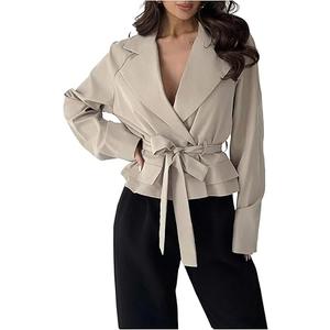GORGLITTER Women's Cropped Short Trench Coat Jacket Blazer Fall Trendy Long Sleeve Belt Business Casual Work Outerwear, M, Khaki