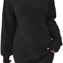Pink Queen Women's Mock Neck Sweater Dress 2025 Lantern Long Sleeve Loose Plaid Cocktail Party Knit Mini Dress Outfits Medium