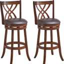 Bar Stools Set of 2, 360° Swivel Chairs with Rubber Wood Frame, 30-Inch PU Leather Cushioned Seat and Footrests, for Kitchen Island, Dining Room, Bar (Brown-30 inches, 2 stools)
