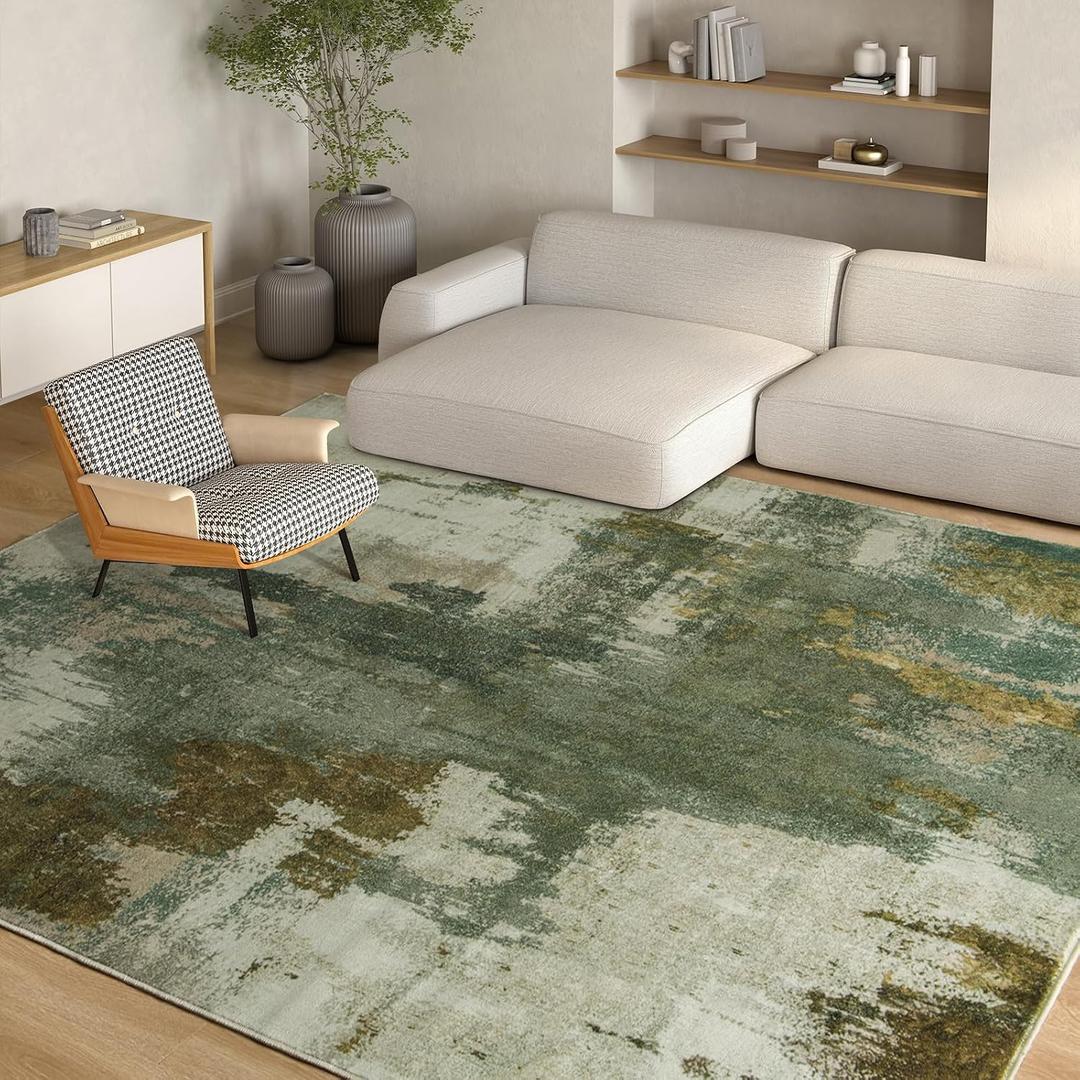 Kelarea Living Room Rug, 8x10 Rug Modern Abstract Washable Rugs Green Faux Wool Vintage Carpet, Non Slip Large Rugs for Bedroom, Dining Room, College Dorm, Home Office