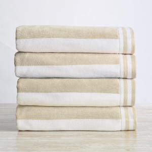 Great Bay Home 100% Cotton Velour 4 Pack Beach Towels 30" x 60" - Taupe Cabana Stripe Pool Towels - Quick Dry, Large Swim Towels (Linen)