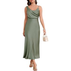 Women's Summer Satin Dress Elegant Cowl Neck Adjustable Spaghetti Strap Wedding Guest Cocktail Party Maxi Dresses (M)