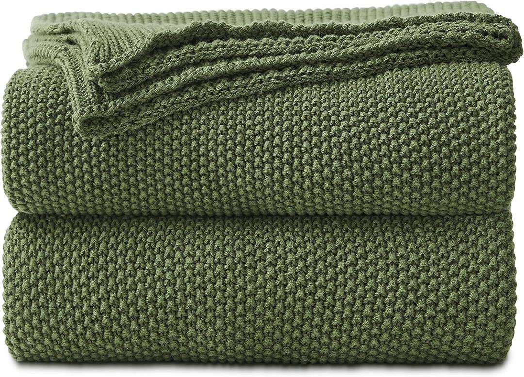 Longhui bedding Olive Green Cotton Cable Knit Throw Blanket for Couch Sofa Bed, Home Decorative Lightweight Knitted Blankets with Bonus Laundering Bag, 60 x 80, Machine Washable