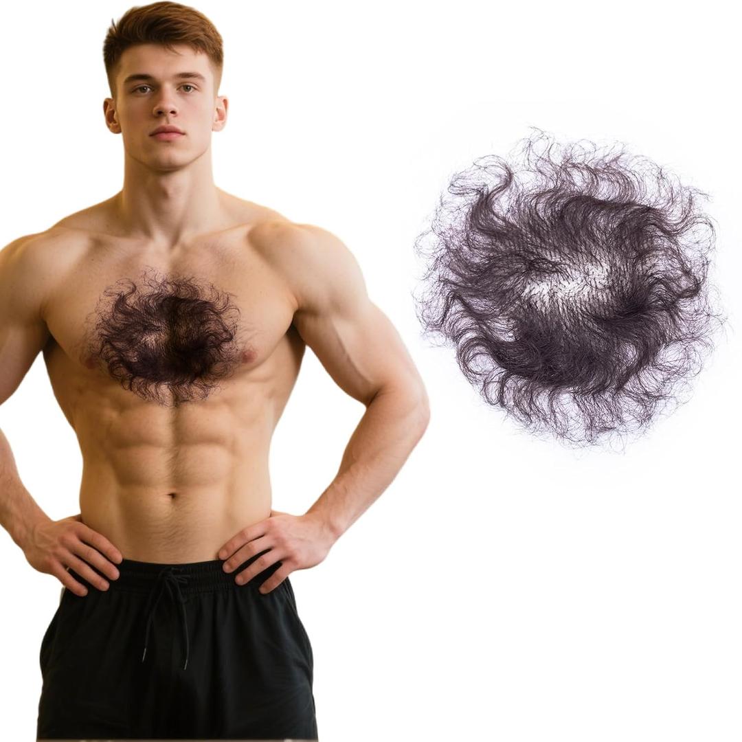 Fake Chest Hair Body Hairs Adding Hair Volume Enhancement of Manliness Handmade Full Lace Fake Realistic Chest hair (Round-Brownish Black)