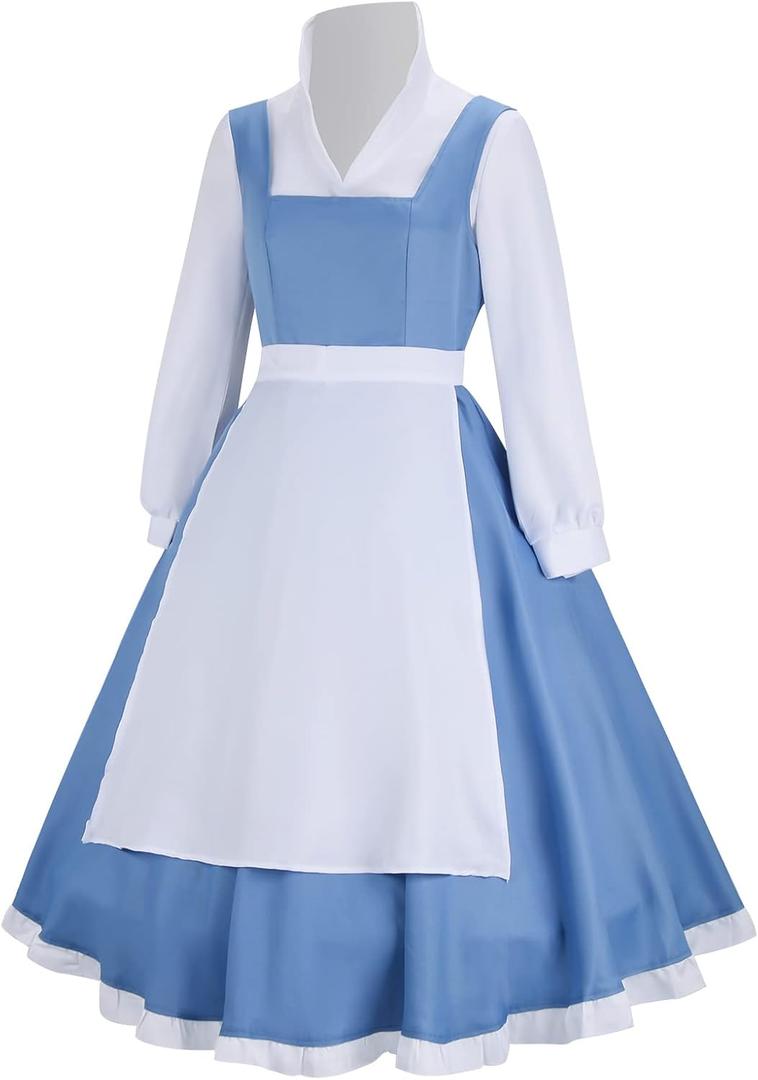 AMNPOLEN Beauty Belle Cosplay Costume Maid Blue Dress Women Girls Princess Halloween Carnival Fancy Dress up Ball Gown Outfit (Medium)