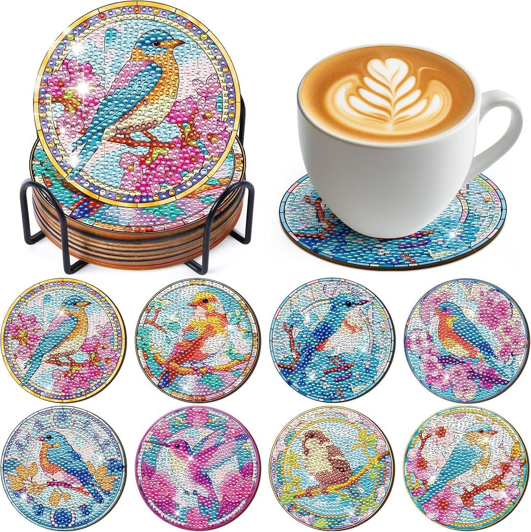 Sitsink Hummingbird Diamond Art Coasters - 8 Pcs DIY Hummingbird Birds Flower Diamond Painting Coasters Kits with Holder for Adults Beginners Birds Lover Gift Crafts Supplies