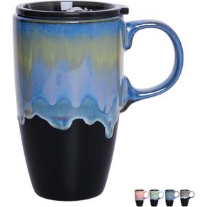Bosmarlin Ceramic Travel Coffeel Mug with Handle and Lid, 18 oz, Portable Coffee Cup for Car Cup Holder, Microwave and Dishwasher Safe, Reactive Glaze (Blue)