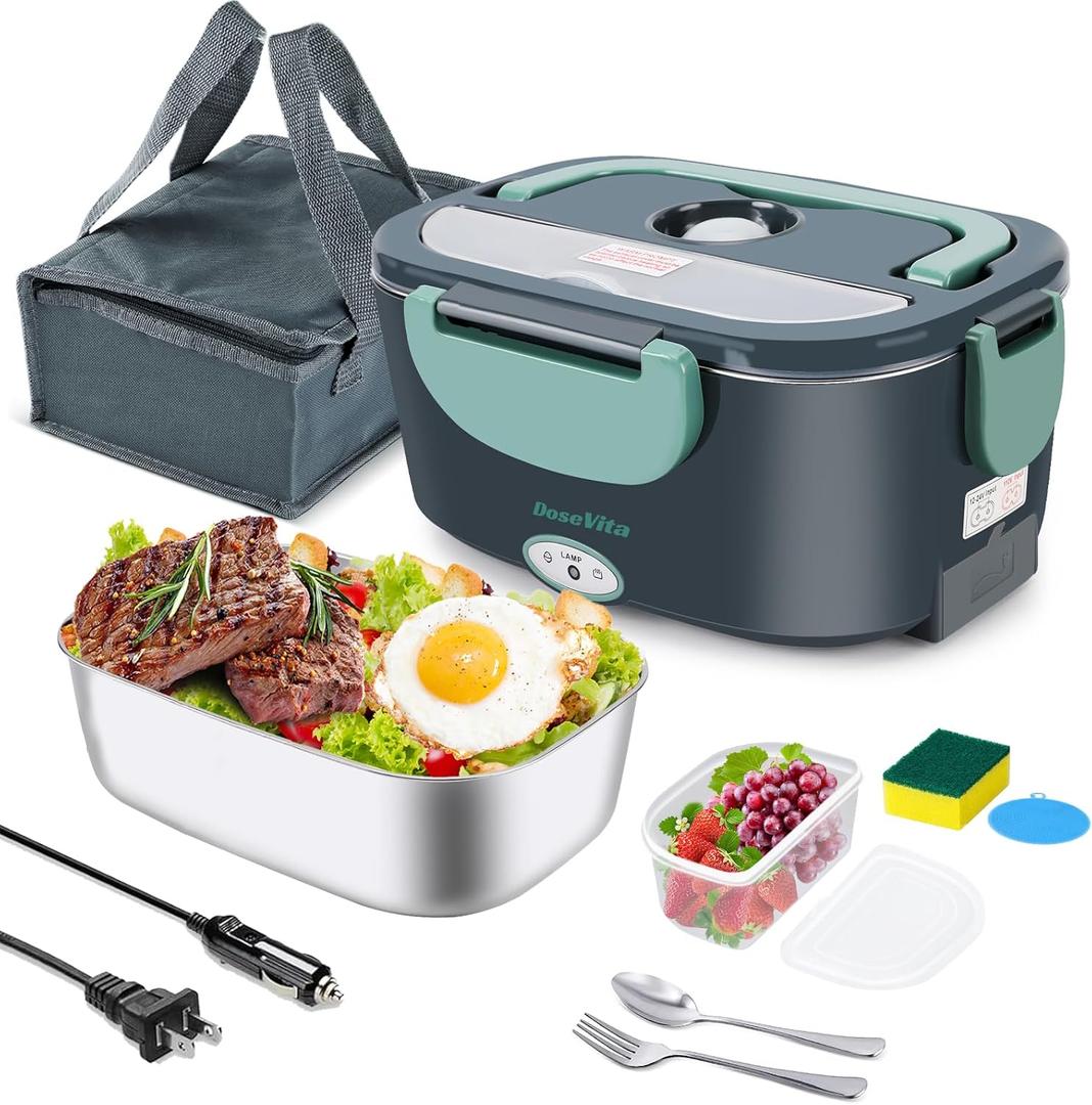 Electric Lunch Box for Adults, 80W Heated Lunch Box, 1.5L Stainless Steel Container | 12V/24V (Car/Truck) & 110V (Office/Home) | with Fork&Spoon and Insulated Carry Bag