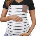 Ecavus Women's Casual Maternity T-Shirts Short Sleeve V Neck Colorblock Maternity Tops with Pocket (X-Large)
