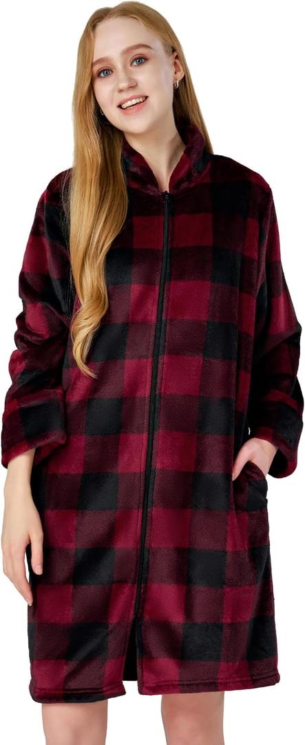 SIORO Fleece Robes for Women Plush Zipper Front Bathrobe Knee Length Warm Housecoat Long Sleeve Cozy Sleepwear with Pockets (Large, Red and Black Plaid)