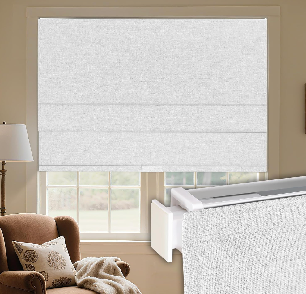 Grandekor No Drill Cordless Roman Shades for Windows,34" Wx60 H,Blackout Fabric Blinds for Indoor Windows,UV Privacy Protection Thermal Insulated,Easy Install,Blocking Roman Blinds for Home,White