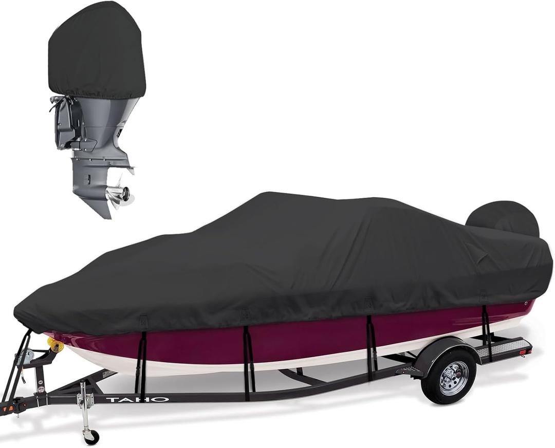Bass Boat Covers 17-19ft, 600D Heavy Duty Waterproof Boat Cover 17 18 19 Foot (17'-19' with Motor Cover), Fits V-Hull, Fishing, Runabout Bowrider Boat