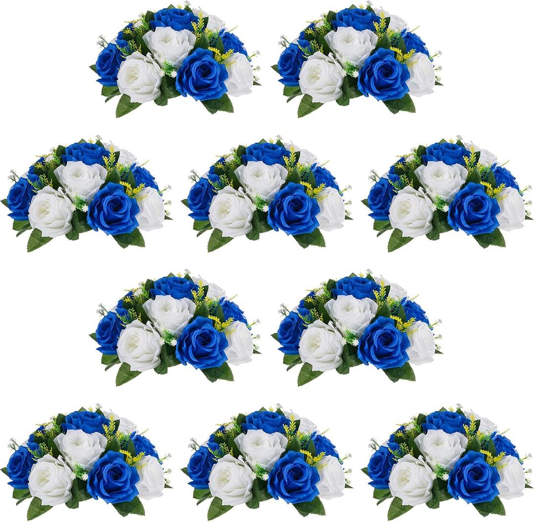 Nuptio Flower Ball Arrangement Bouquet - 10 Pcs 9.5 inch Diameter Royal Blue Fake Flowers Roses Balls for Centerpieces Tables - Artificial Rose Arrangements for Wedding Centerpiece Table Decorations